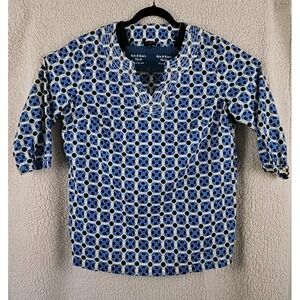 Talbots Womens Plus 1X Blue White Yellow Collar Patterned Popover 1/2 Sleeve Top